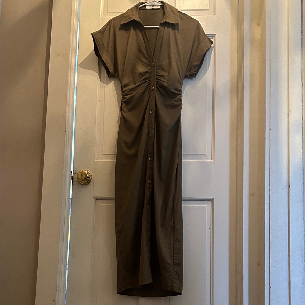 NWT Zara Linen Olive Button-Down Dress